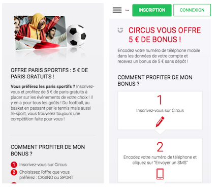 Inscrption Circus bonus 5 euros