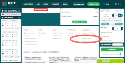 22Bet cliquez sur version mobile