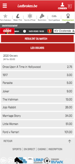 Paris sportifs Oscar 2020