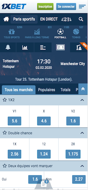 cotes 1xBet Tottenham vs Man City