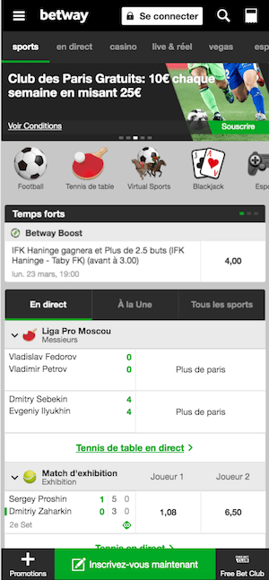Menu mobile Betway