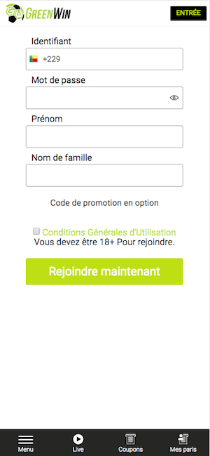 greenwin inscription sur mobile