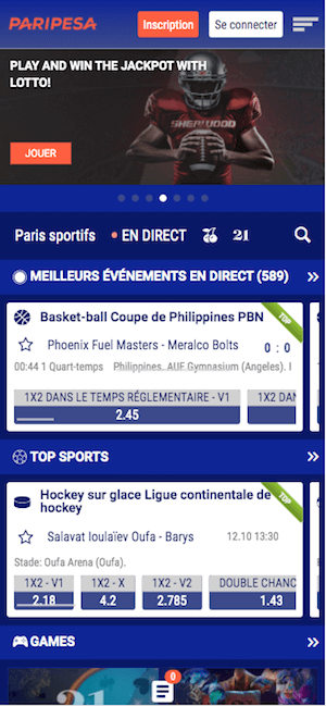 Paripesa menu sur mobile