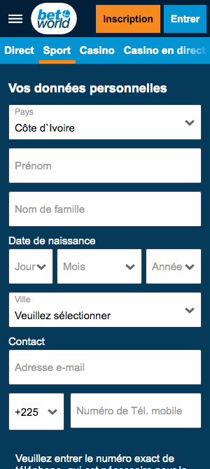 betworld inscription sur mobile