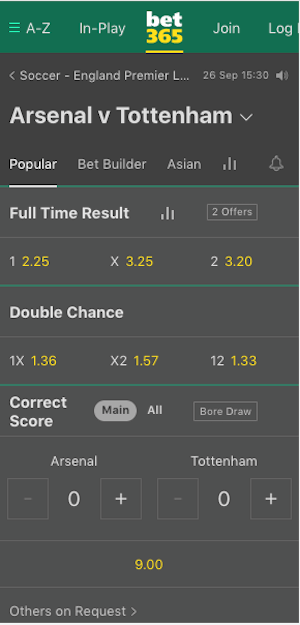 cotes arsenal vs tottenham