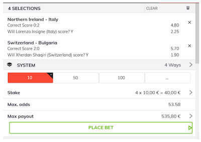 coupon pari irlande du nord vs italie et suisse vs bulgarie
