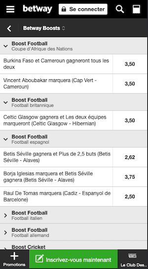 Betway boosts cotes paris sportif