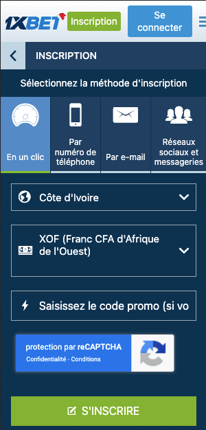 inscription 1xbet mobile