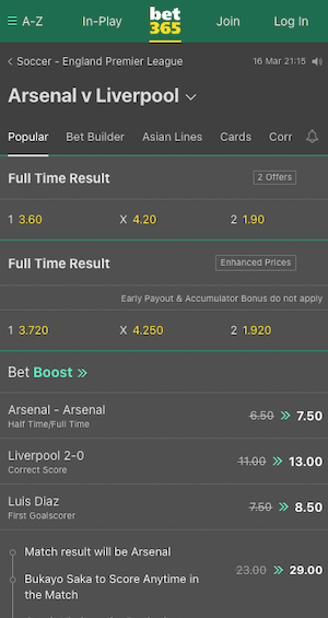 paris sportif arsenal vs liverpool avec bet365