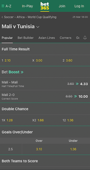 cotes mali vs tunisie