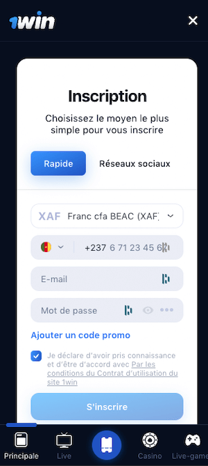 1win cameroun inscription sur mobile
