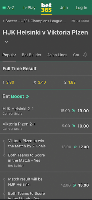 cotes HJK Helsinki vs Viktoria Plzen