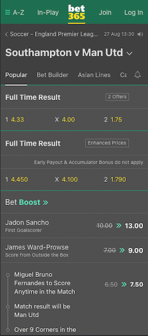 cotes southampton vs Man united