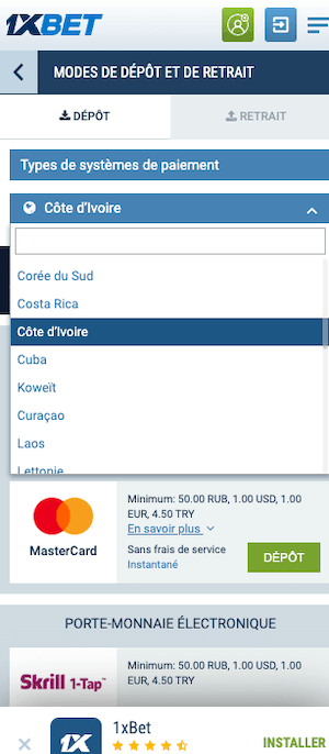 1xbet paiement pays