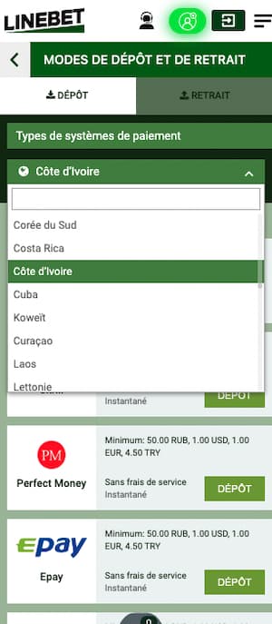 moyens de paiement Linebet