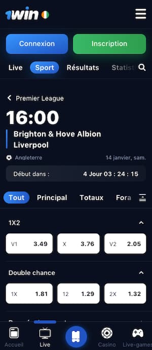 cotes brighton livepool avec 1win