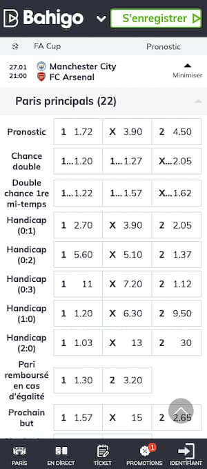 cotes man city arsenal avec bahigo