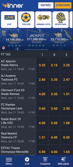 winner bet accueil sur mobile