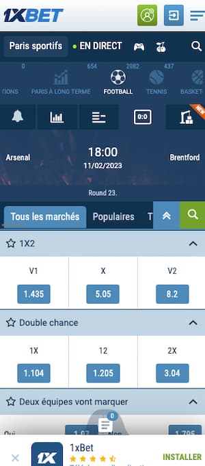 cotes arsenal brentford avec 1xbet