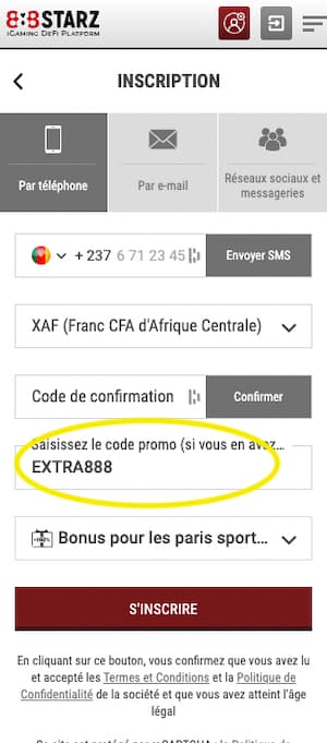 888starz Cameroun inscription avec code promo