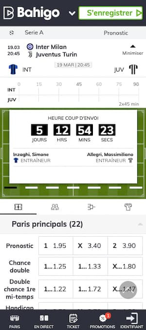 cotes inter milan vs juventus avec bahigo