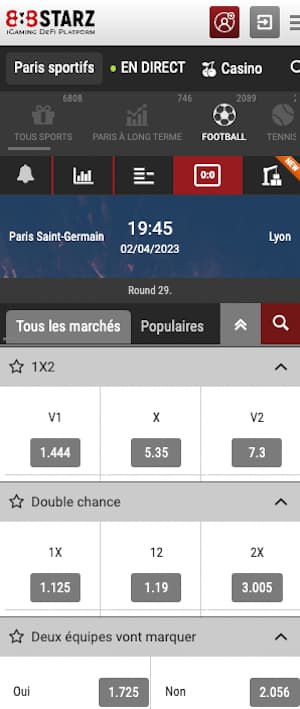 cotes psg vs lyon chez 888starz