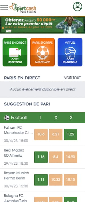 sportcash accueil sur mobile