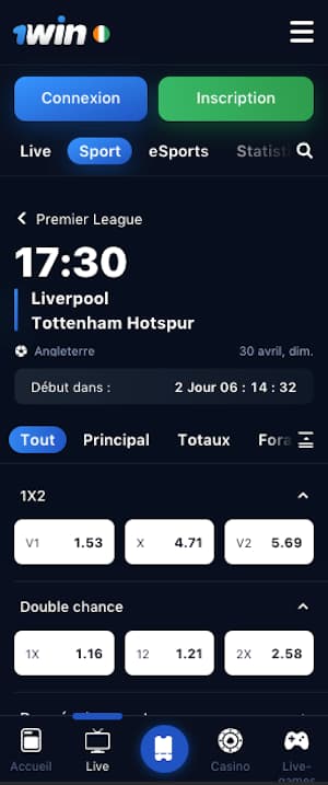 cotes 1win liverpool vs tottenham