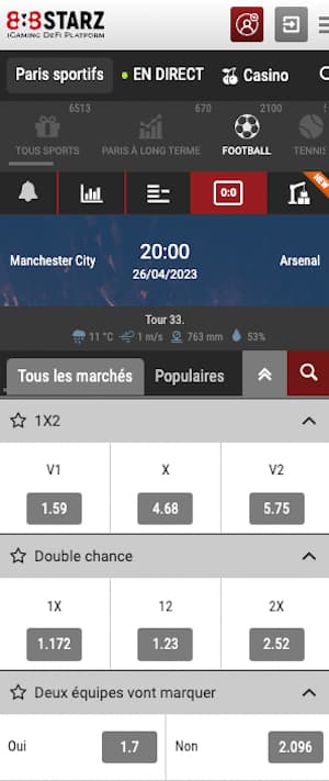 cotes man city vs arsenal chez 888starz