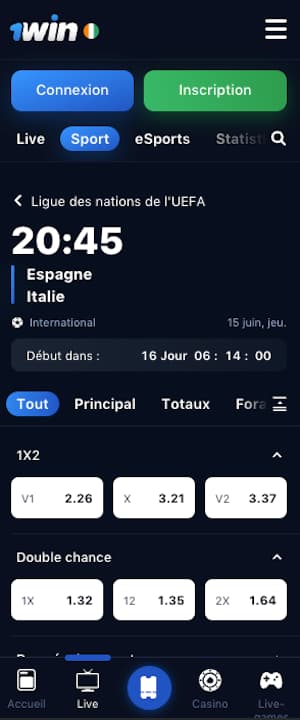cotes espagne vs italie sur 1win