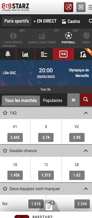 cotes lille vs marseille sur 888Starz