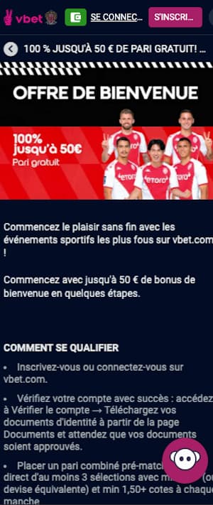 Vbet bonus de bienvenue