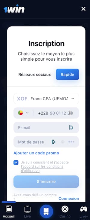 1win benin inscription sur mobile