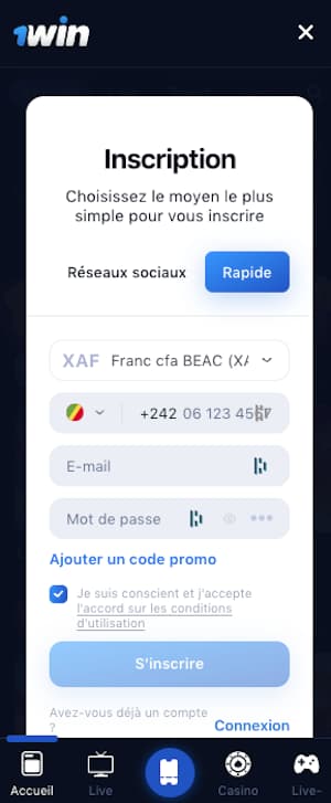 1win congo brazzaville inscription