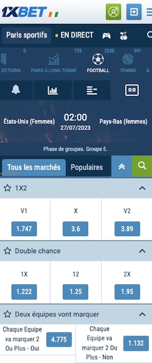 cotes etats unis vs pays bas sur 1xbet