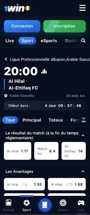 cotes al hilal va al ettifaq avec 1win