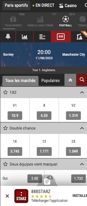 cotes burnley vs manchester city avec 888starz