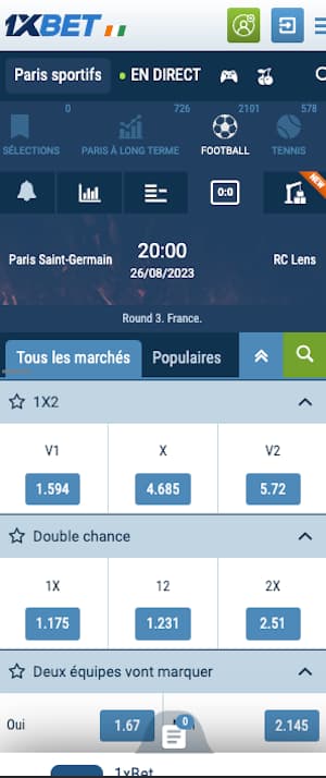 cotes psg rc lens sur 1xbet