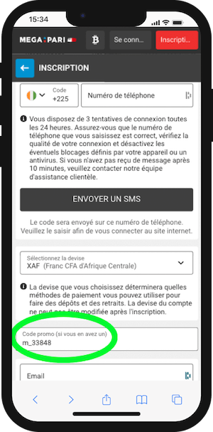 code promo megapari inscription