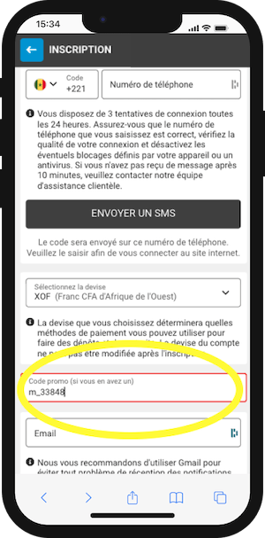 megapari senegal inscription avec code promo 